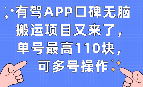 有驾APP口碑无脑搬运项目又来了，单号最高110块，可多号操作-