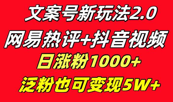 文案号新玩法 网易热评+抖音文案 一天涨粉1000+ 多种变现模式 泛粉也可变现-