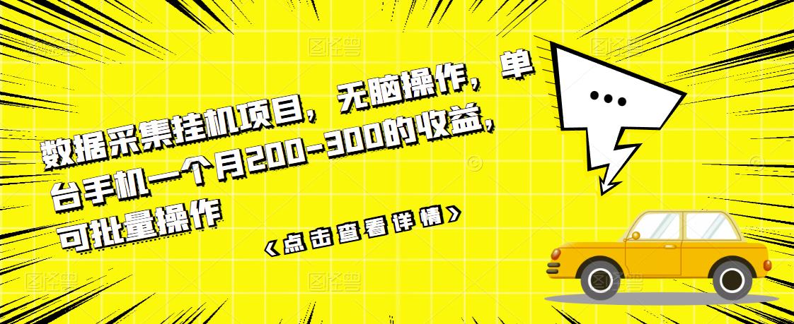 数据采集挂机项目，无脑操作，单台手机一个月200-300的收益，可批量操作-