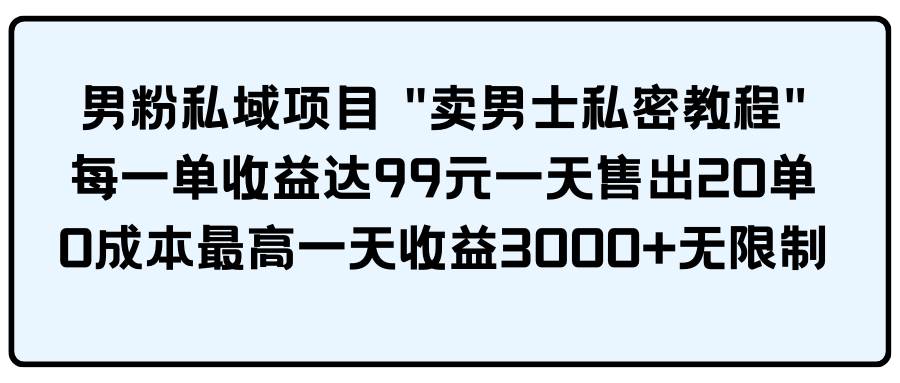 男粉私域项目 卖男士私密教程 每一单收益达99元一天售出20单-